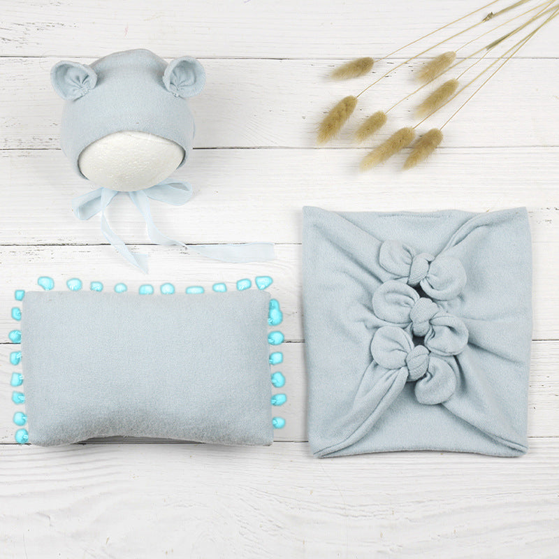 Babymoon | Set Of 3 | Butterfly Ready Wrap, Pillow & Cap Baby Photography Props | Light Blue