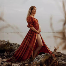 Load image into Gallery viewer, Babymoon Puff Sleeve Front Slit Maternity Gown Dress | Orange
