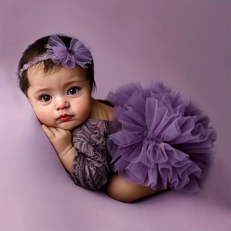 Babymoon Set of 2 | Fluffy Romper & Hairband | Baby Photoshoot Props Costumes | Purple | 0-1 Month