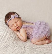 Load image into Gallery viewer, Babymoon Set of 2 | Baby Lace Ruffle Romper Dress with Matching Headband | Baby Photoshoot Props | 0-1 Month
