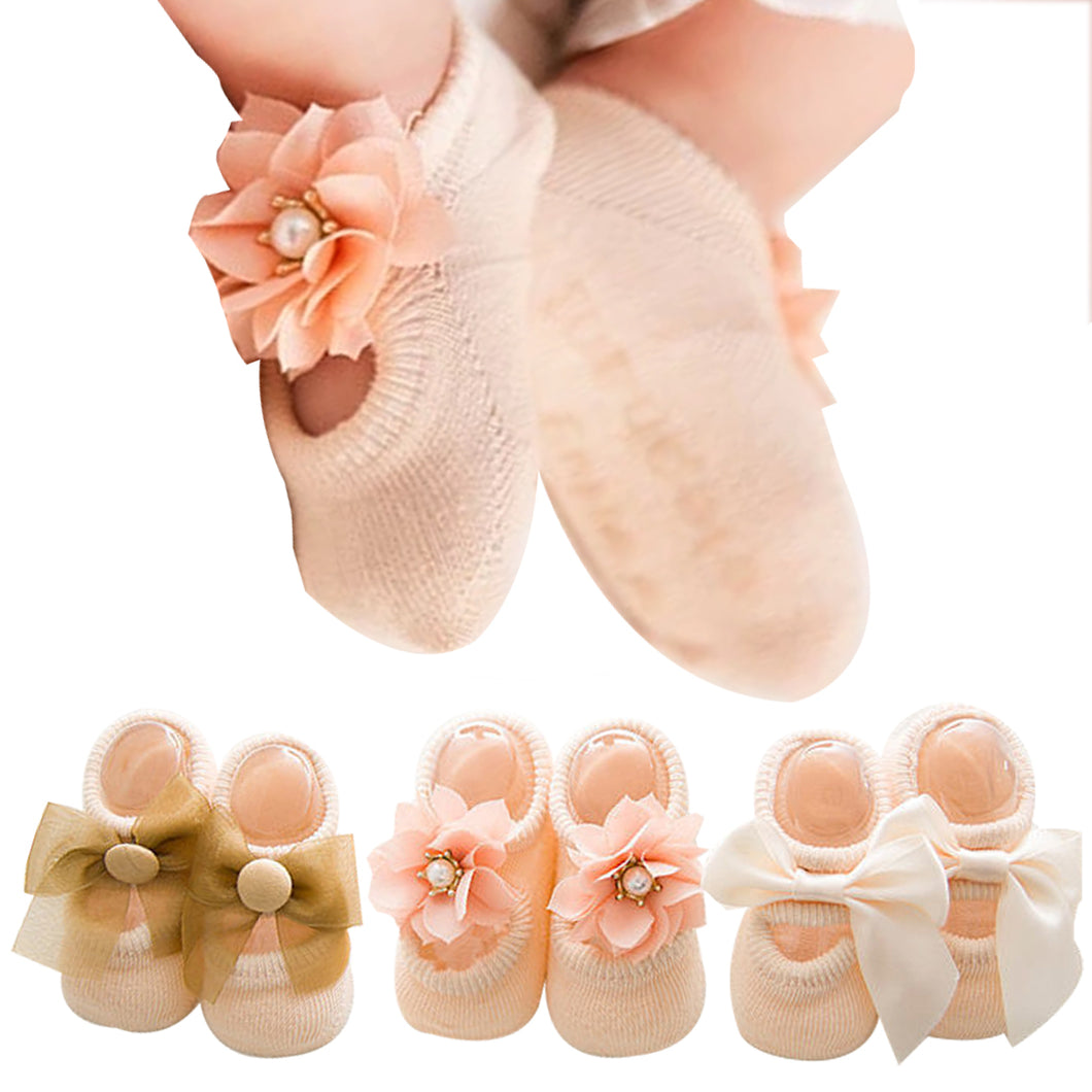 Babymoon Set of 3 | Non-Skid, Anti Slip Pearl Bow Flower Baby Socks Gift Box | Safety Protector | 0-12M | Peach