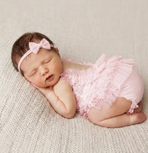 Load image into Gallery viewer, Babymoon Set of 2 | Baby Lace Ruffle Romper Dress with Matching Headband | Baby Photoshoot Props | 0-1 Month
