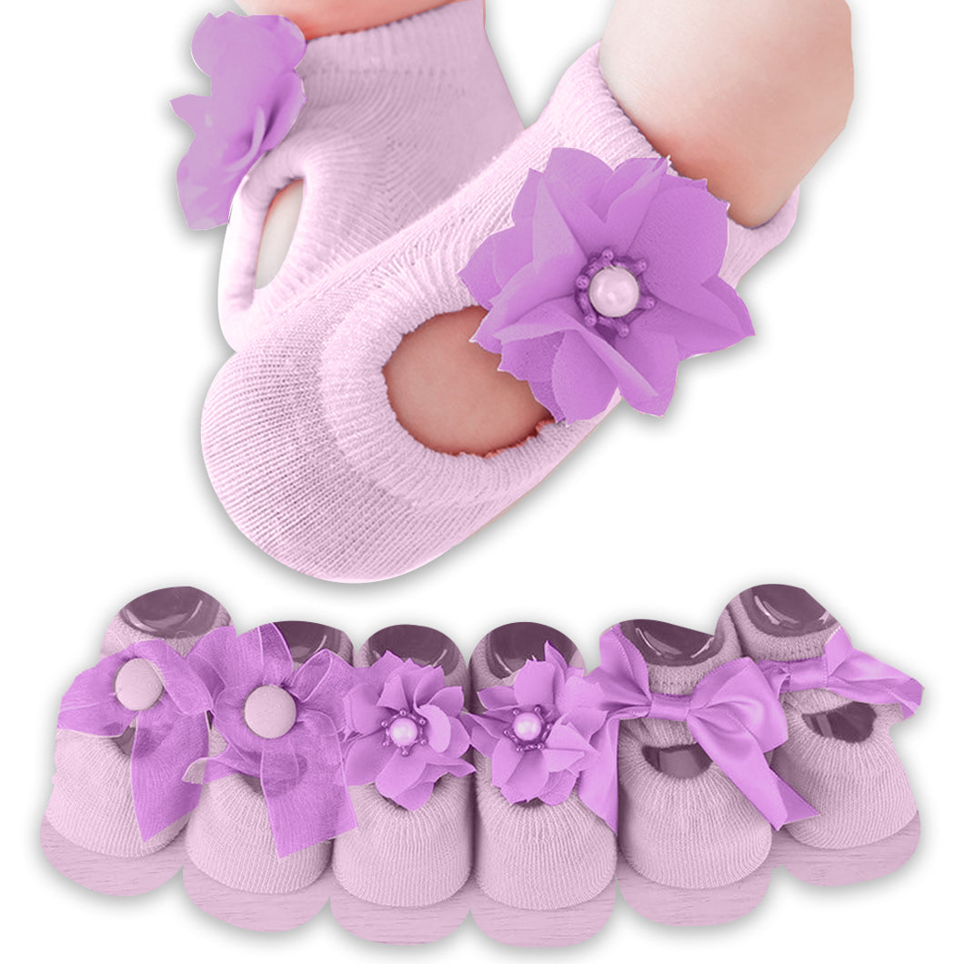 Babymoon Set of 3 | Non-Skid, Anti Slip Pearl Bow Flower Baby Socks Gift Box | Safety Protector | 0-12M | Purple
