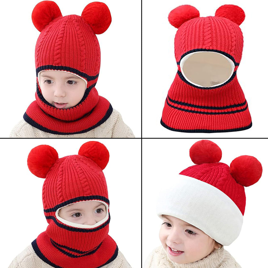 Babymoon Pom-Pom Knit Winter Kids Boys Girls Monkey Cap Baby Hat | Red | 2-8 yr