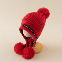 Load image into Gallery viewer, Babymoon Baby Velvet Earflap Cap Winter Kids Hat Long Pom Pom Ears | Ears Protection | 2-10 Year | Red
