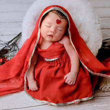 Load image into Gallery viewer, Babymoon Set of 4 | Baby Girl Traditional Dulhan Bride Costume | Skirt, Top, Dupatta, Headdress | Costume | Baby Photoshoot Props | 3-6 Months
