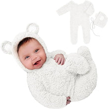 Load image into Gallery viewer, Babymoon Set of 2 | Fleece Suit with Infant Baby Bear Cap Hat | Baby Photography Props Costume | Baby Gift Set | 0-1Yr | White
