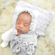 Load image into Gallery viewer, Babymoon Set of 2 | Baby Net Frill Pillow with Bonnet | Baby Photoshoot Props | White
