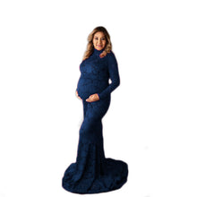 Load image into Gallery viewer, Babymoon High Neck Full Sleeve Maternity Gown Dress - Blue
