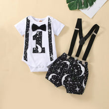 Load image into Gallery viewer, Babymoon 1st Birthday Cake Smash Outfit |Romper &amp; Suspender Costume | 1 Yr - Black
