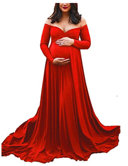Babymoon Off Shoulder Maternity Gown Dress - Red
