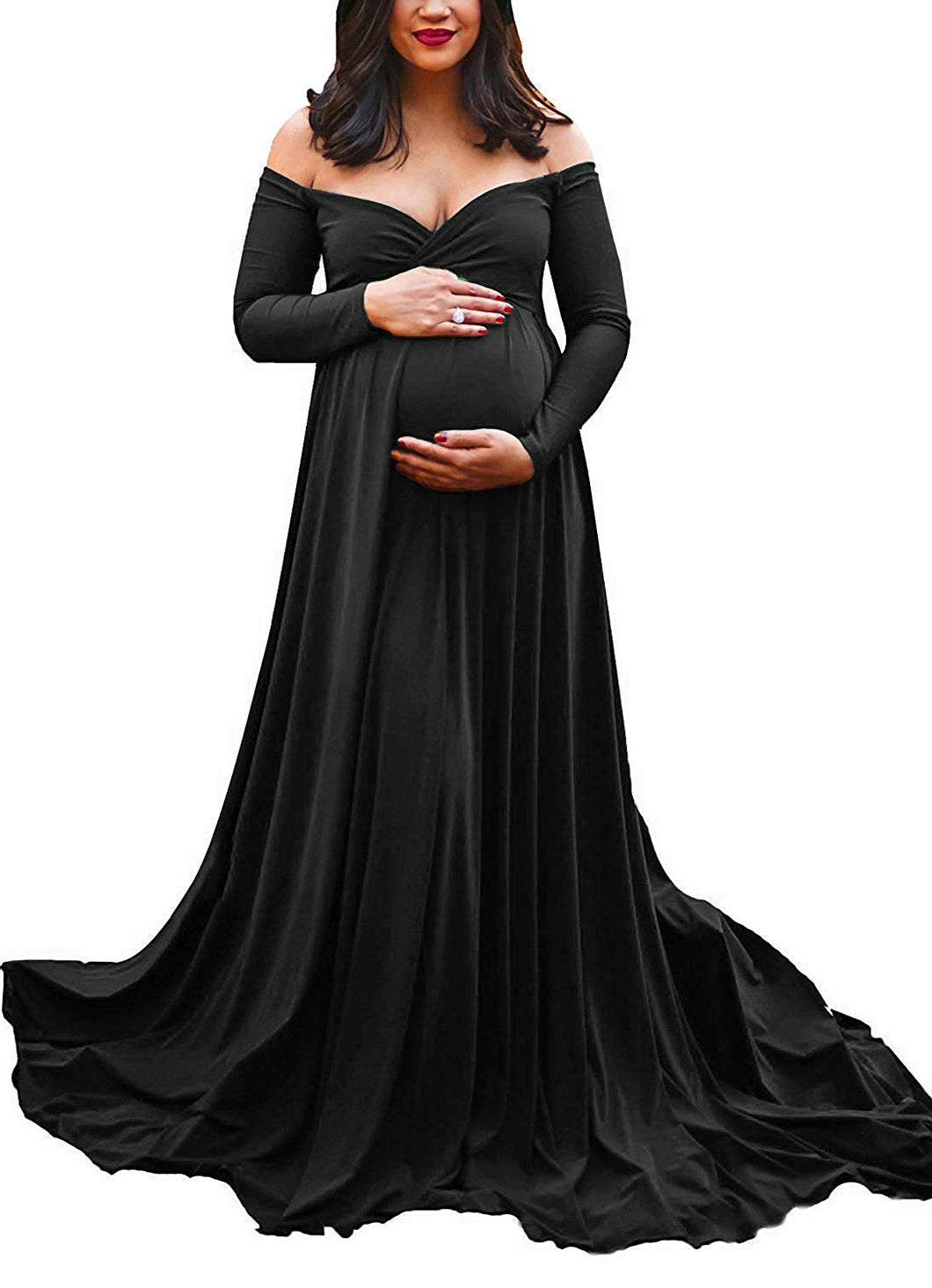 Babymoon Off Shoulder Maternity Gown Dress - Black