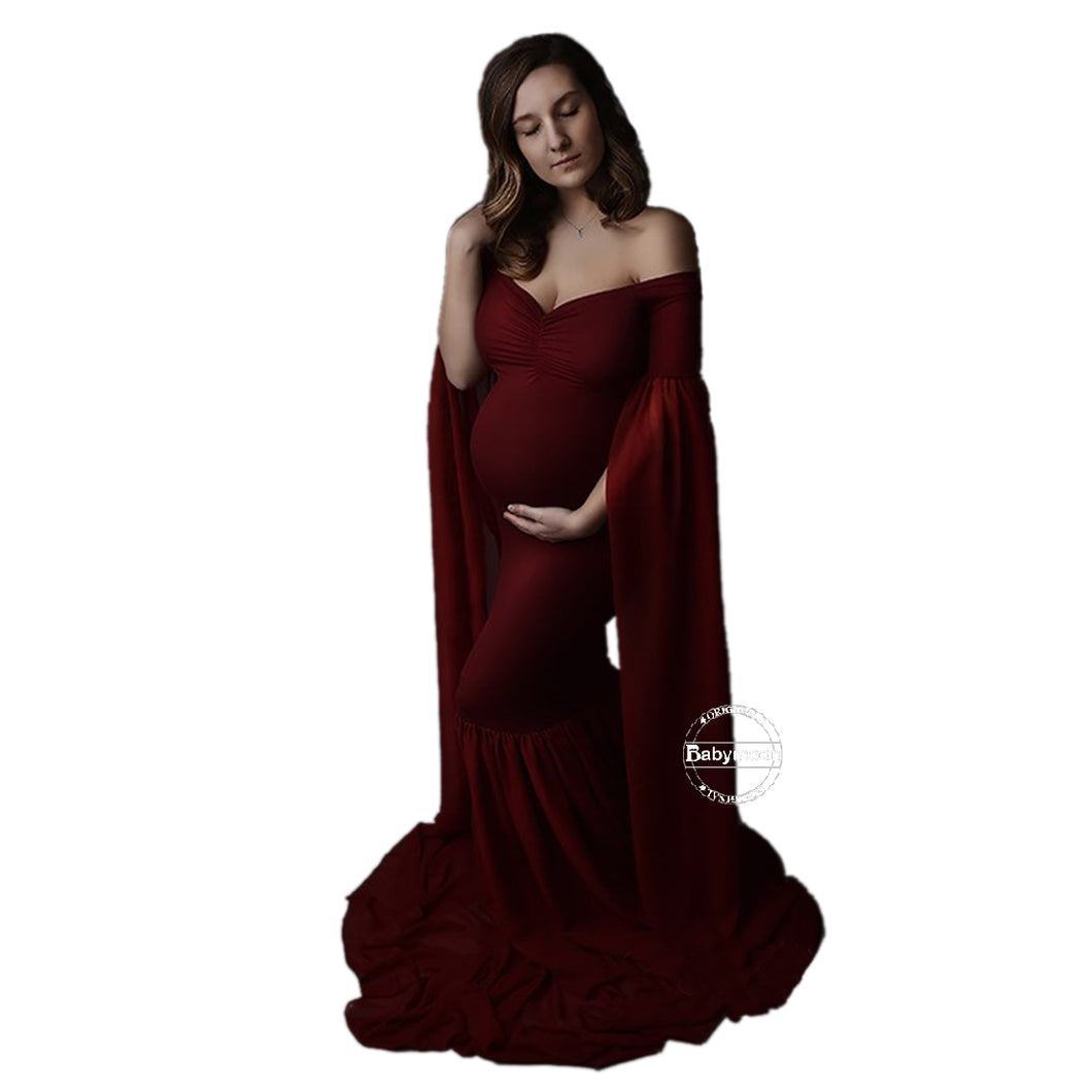 Babymoon Off Shoulder Long Tail Maternity Gown Dress - Maroon