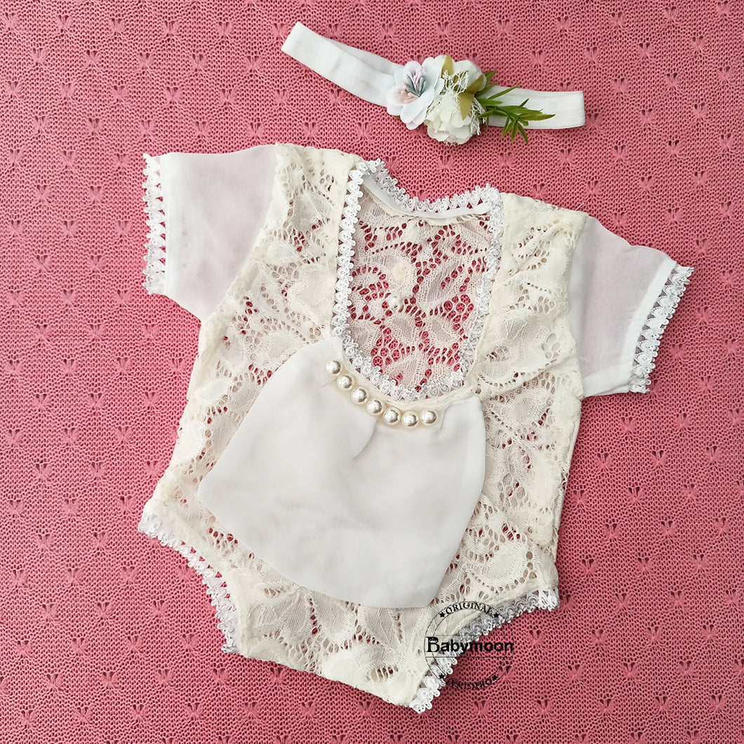 Babymoon Fusion Lace Romper with Hairband Photoshoot Props Costume - White A